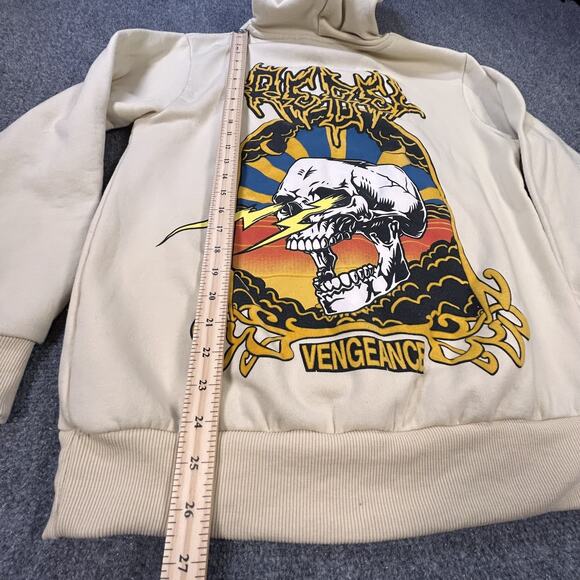 Rebel Vengeance Hoodie Mens‎ Large Beige Graphic Skull Punk Streetwear Pullover - Picture 8 of 11